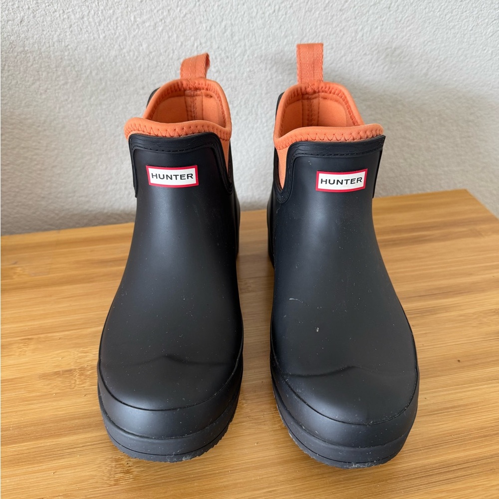 Hunter Black and Orange Winter Rain Boots Slip-On Design